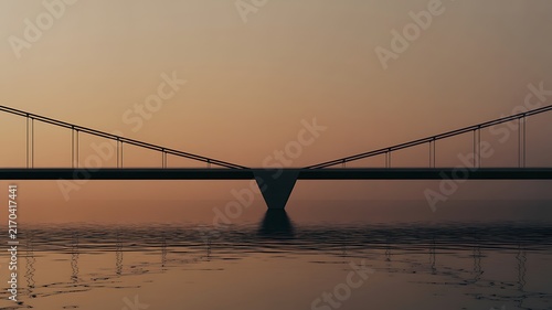 Minimalist suspension bridge silhouette reflecting over calm water during a peaceful orange sunset evening sky scene