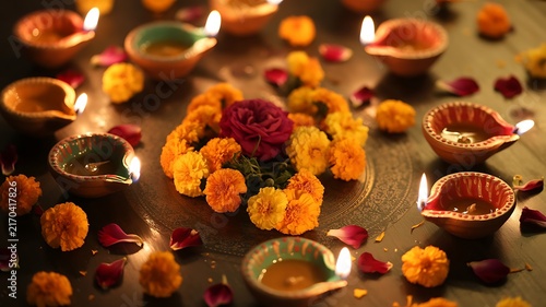 Traditional oil lamps glowing bright surrounded by vibrant marigold flowers and rose petals during diwali festival