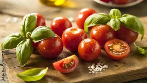 Fresh red cherry tomatoes arranged with green basil leaves and sea salt on wooden cutting board