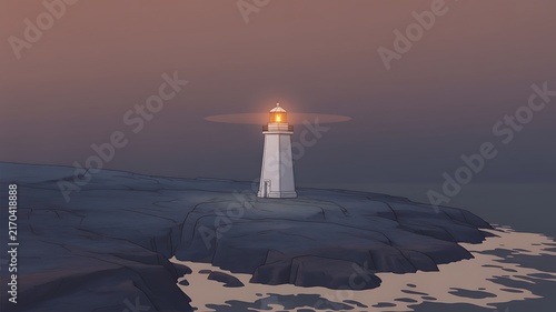 Glowing lighthouse stands tall on rocky coast during a serene evening with soft ambient light