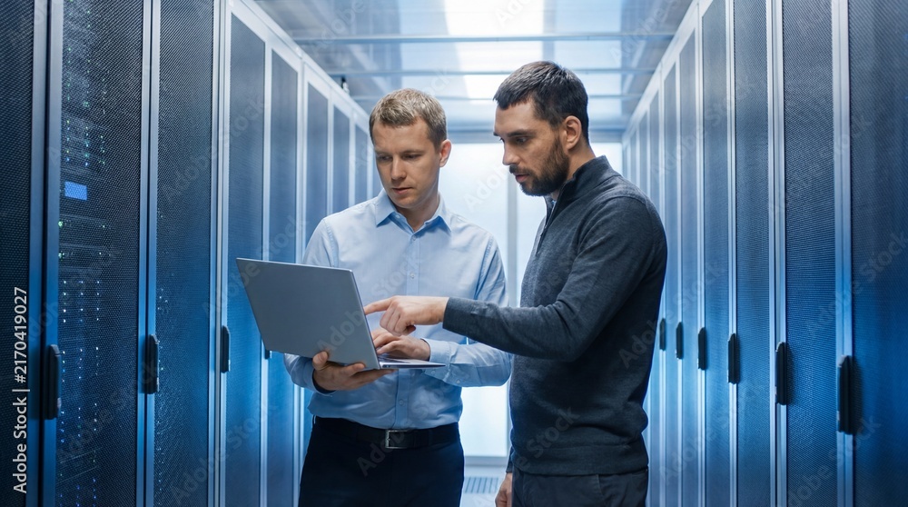 Fototapeta premium Server men working with laptop in data center