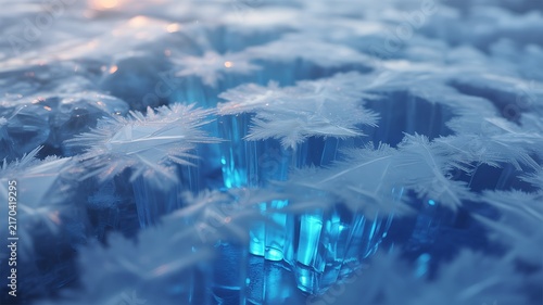 Intricate blue ice crystals forming sharp delicate patterns on frozen surface during cold winter morning sunlight