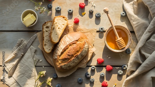 Fresh artisanal bread loaf with sweet golden honey and juicy berries on rustic wooden table background
