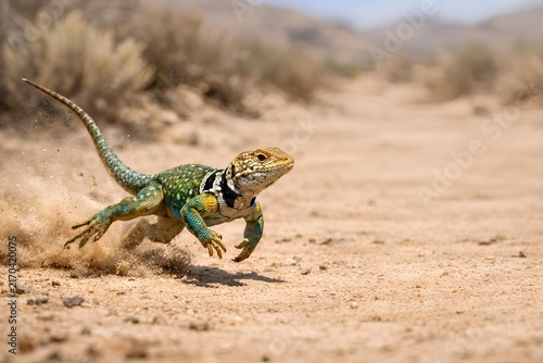 collared lizard running fast across desert sand with copy space.