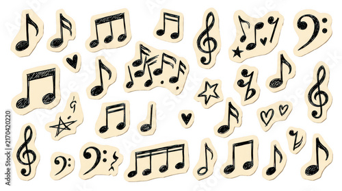 Hand drawn music notes stickers, black ink musical symbols collection, whimsical doodle melody elements for scrapbooking isolated on Transparent Background