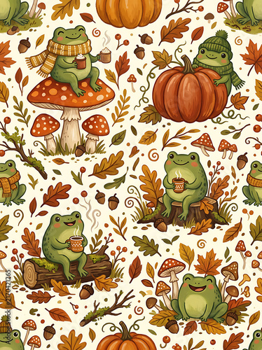 Cute Autumn Frog and Pumpkin Seamless Pattern