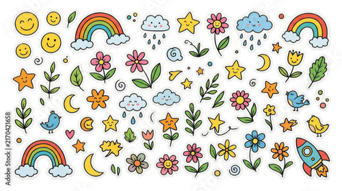 Hand drawn doodle set, cute rainbow and flower icons, colorful nature clipart isolated on Transparent Background