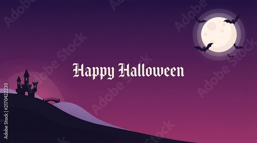 Happy halloween greeting card with a spooky castle silhouette under a full moon in a purple night sky