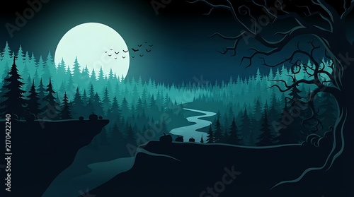 A mystical night landscape featuring a glowing full moon over a dark forest and a winding river valley