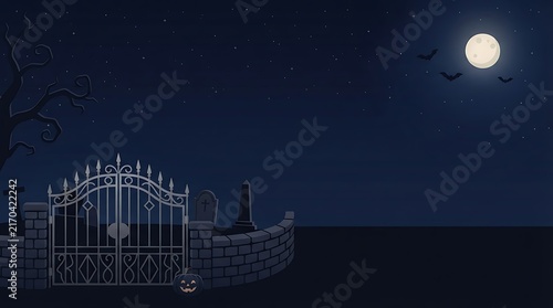 Spooky graveyard entrance with iron gates and tombstones under a bright full moon in the night sky