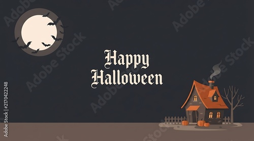 Happy halloween greeting card design with a spooky haunted house and a full moon in the dark night sky