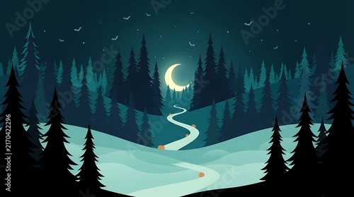 A serene winter landscape featuring a winding path through a dark pine forest under a glowing crescent moon