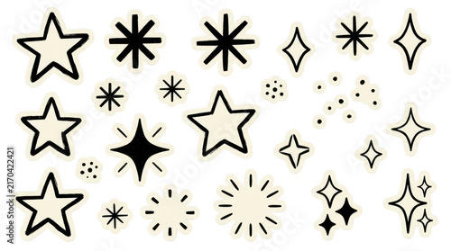 Hand drawn star icons, black sparkle doodles, celestial 25 element set, stars isolated on Transparent Background