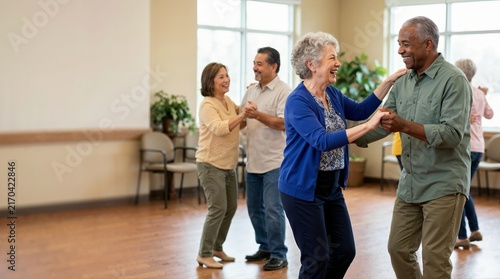 Active senior couple dancing together in a community center. Diverse elderly friends enjoying a social dance class. Active aging and healthy lifestyle concept