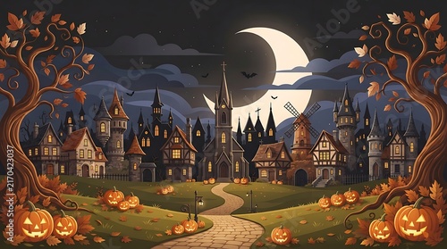 Spooky halloween village with glowing jack o lanterns and a large crescent moon in the night sky