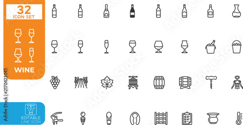 Editable line Vector illustration icon set. Containing wine glass, grape, wine bottle, corkscrew, vineyard, barrel, winery, and more. Editable stroke. Vector illustration on transparent background.