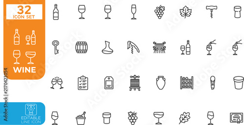 Editable line Vector illustration icon set. Containing wine glass, grape, wine bottle, corkscrew, vineyard, barrel, winery, and more. Editable stroke. Vector illustration on transparent background.