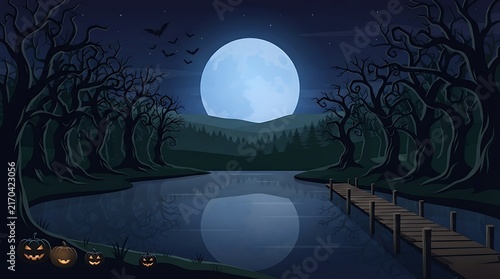 Spooky night landscape with a full moon reflecting on a calm lake surrounded by dark mysterious trees