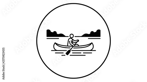 Circular emblem of person rowing canoe on lake.