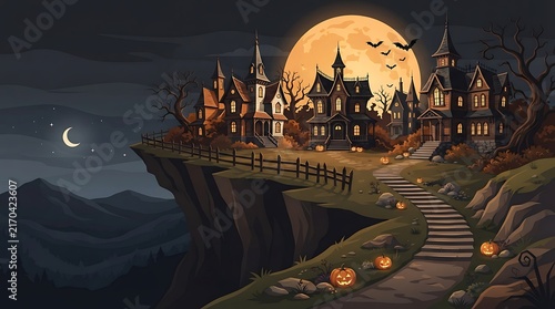 Spooky haunted mansion on a cliff with a glowing full moon and carved pumpkins at night