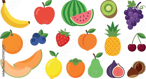 Set of colorful flat vector icons featuring various fresh fruits and berries for healthy food design