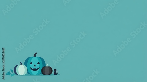 Minimalist halloween background featuring a carved jack o lantern and decorative pumpkins on a solid teal blue backdrop