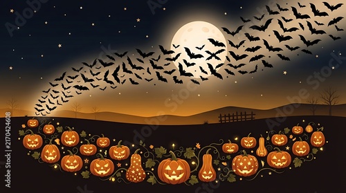 Spooky halloween background with a large swarm of bats flying in front of a full moon over glowing jack o lanterns