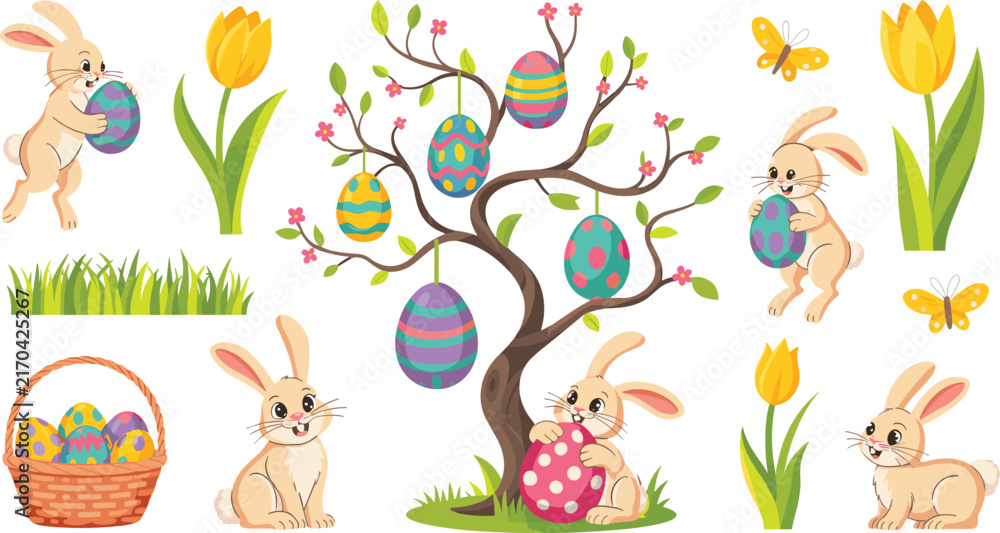 Fototapeta premium Cute Cartoon Easter Bunny Vector Set with Decorated Eggs Tree, Basket, Yellow Tulips, and Butterflies for Spring Holiday Greeting Cards and Festive Kids Designs