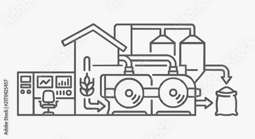 Modern Brewery Process with Control Room and Production Flow Diagram