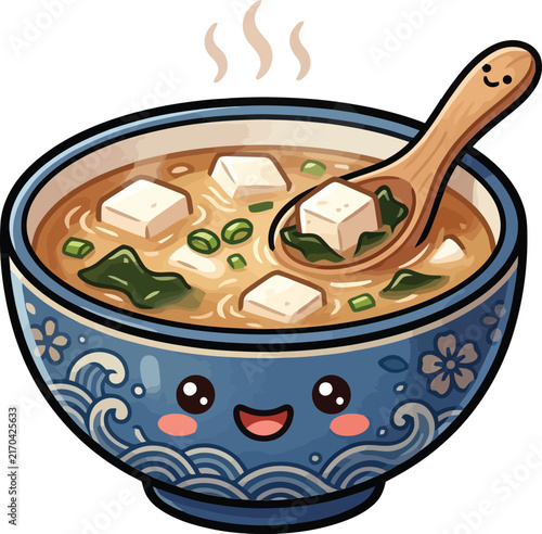 Kawaii Miso soup in a blue patterned bowl with a smiling spoon emitting steam during a meal