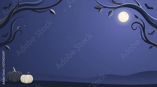 Spooky halloween night background with a full moon bare trees and pumpkins under a dark blue sky