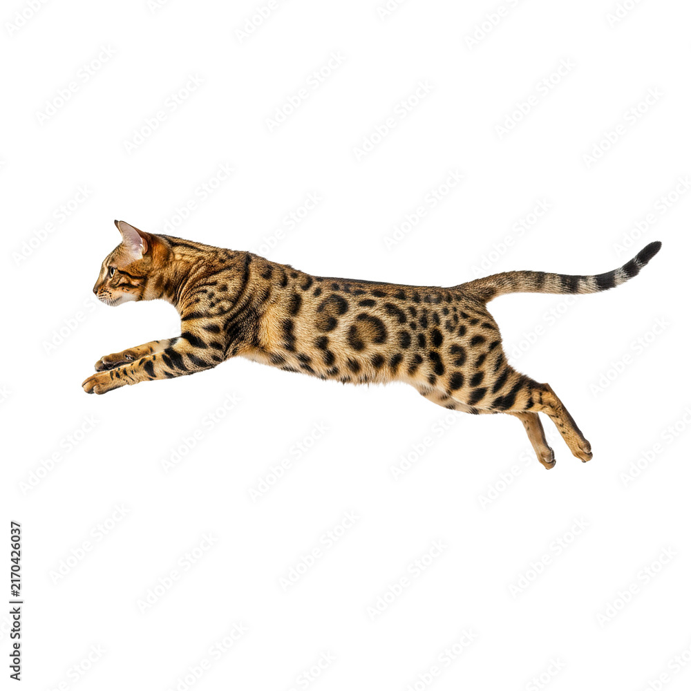 Fototapeta premium Bengal cat with spotted coat is captured mid leap in dynamic side profile, showing agility and grace in motion