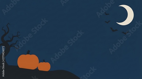 A spooky halloween background featuring orange pumpkins under a crescent moon and a dark silhouette of a bare tree