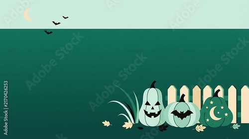 Festive halloween background featuring carved pumpkins with spooky faces and flying bats near a wooden fence at night