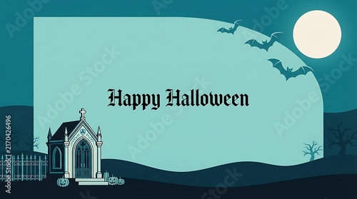 Happy halloween greeting card with a spooky cemetery mausoleum bats and a full moon in the night sky