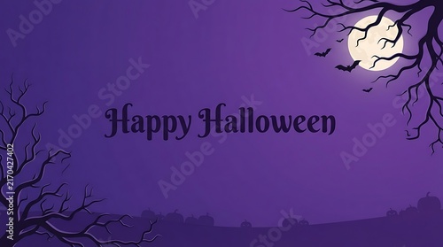 Happy halloween greeting card design with a full moon and spooky bare tree branches on purple background