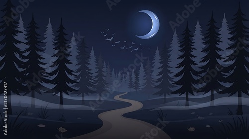 A mysterious winding path leading through a dark pine forest under a glowing crescent moon at night