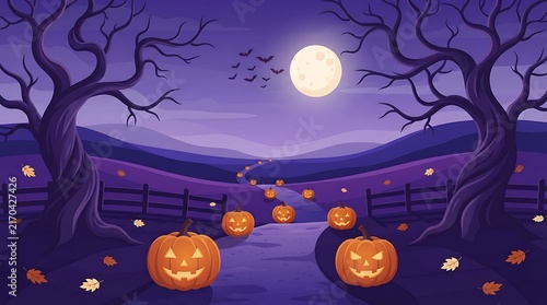 Spooky halloween night landscape with glowing jack o lanterns along a path under a full moon
