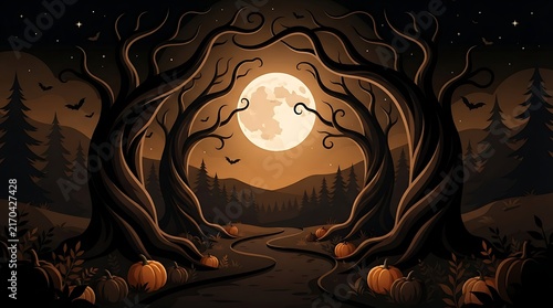 Spooky halloween forest landscape with a glowing full moon and carved pumpkins under dark twisted trees at night