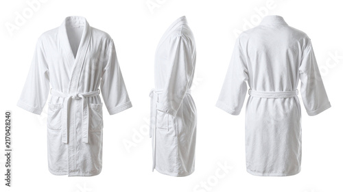 White terry cloth bathrobe displayed from front, side, and back views on a clean white background