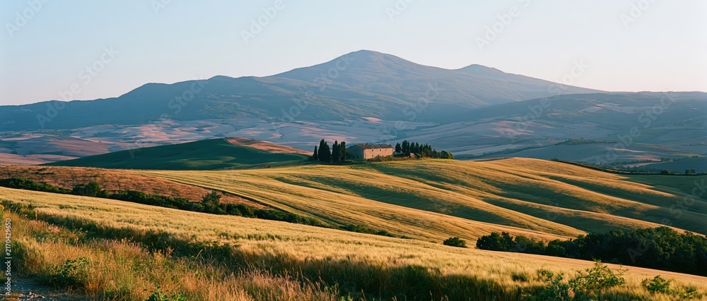Fototapeta premium The Golden Hillside Landscape of Tuscany with a Farmhouse and Cypress Trees