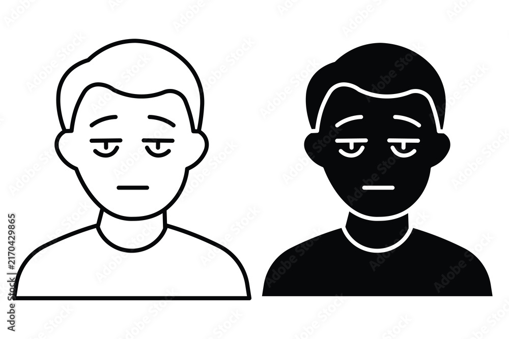 Fototapeta premium Minimalist icon set showing a tired young man, available in both outline and solid black versions.