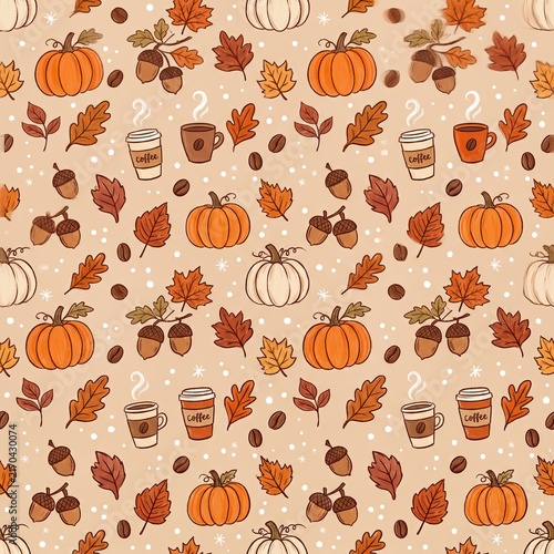 Cute autumn seamless pattern with pumpkins, leaves, acorns and coffee cups on beige background, cozy fall illustration for fabric, wrapping paper, wallpaper, textile and seasonal designs.