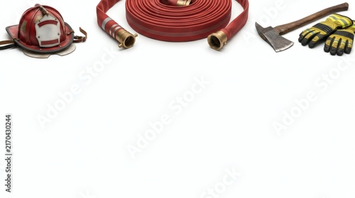 Firefighter equipment with hose, helmet, axe, and gloves on white background