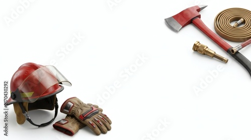 Firefighter equipment set with helmet, gloves, axe, and hose on white background