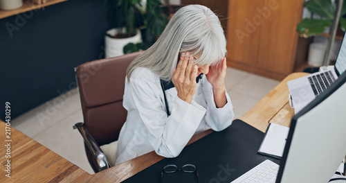 Cuadro en lienzo Stress, headache and doctor in office at clinic with fatigue, burnout or bad news on patient results