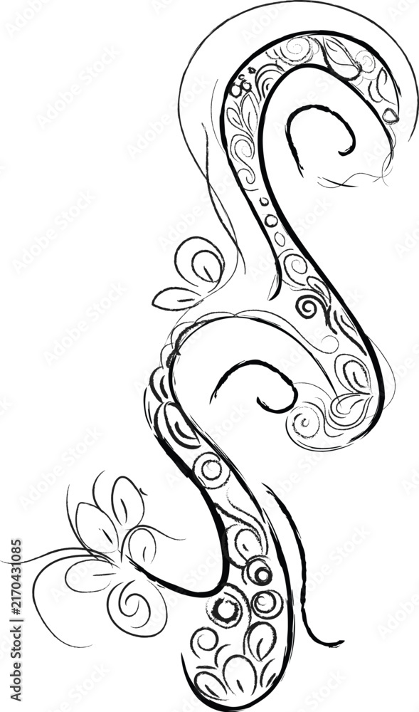 Fototapeta premium Curved abstract decorative black ink line art with floral