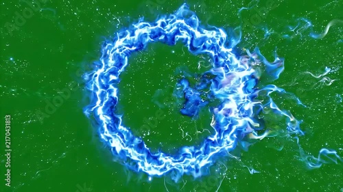 Blue Energy Portal Ring with Electric Sparks on Green Screen