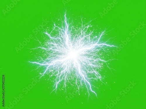 Bright Electric Spark Burst with Lightning Arcs Isolated on Green