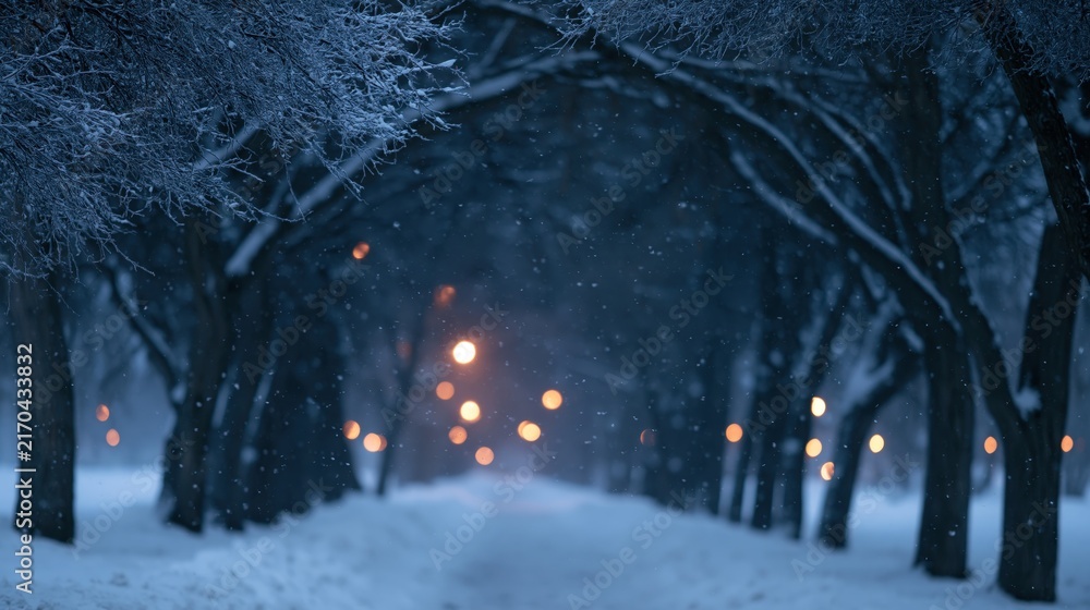 Fototapeta premium The Snowy Path Beneath Nighttime Trees Amid Blue Streetlight Glow Creates Tranquil Winter Scene